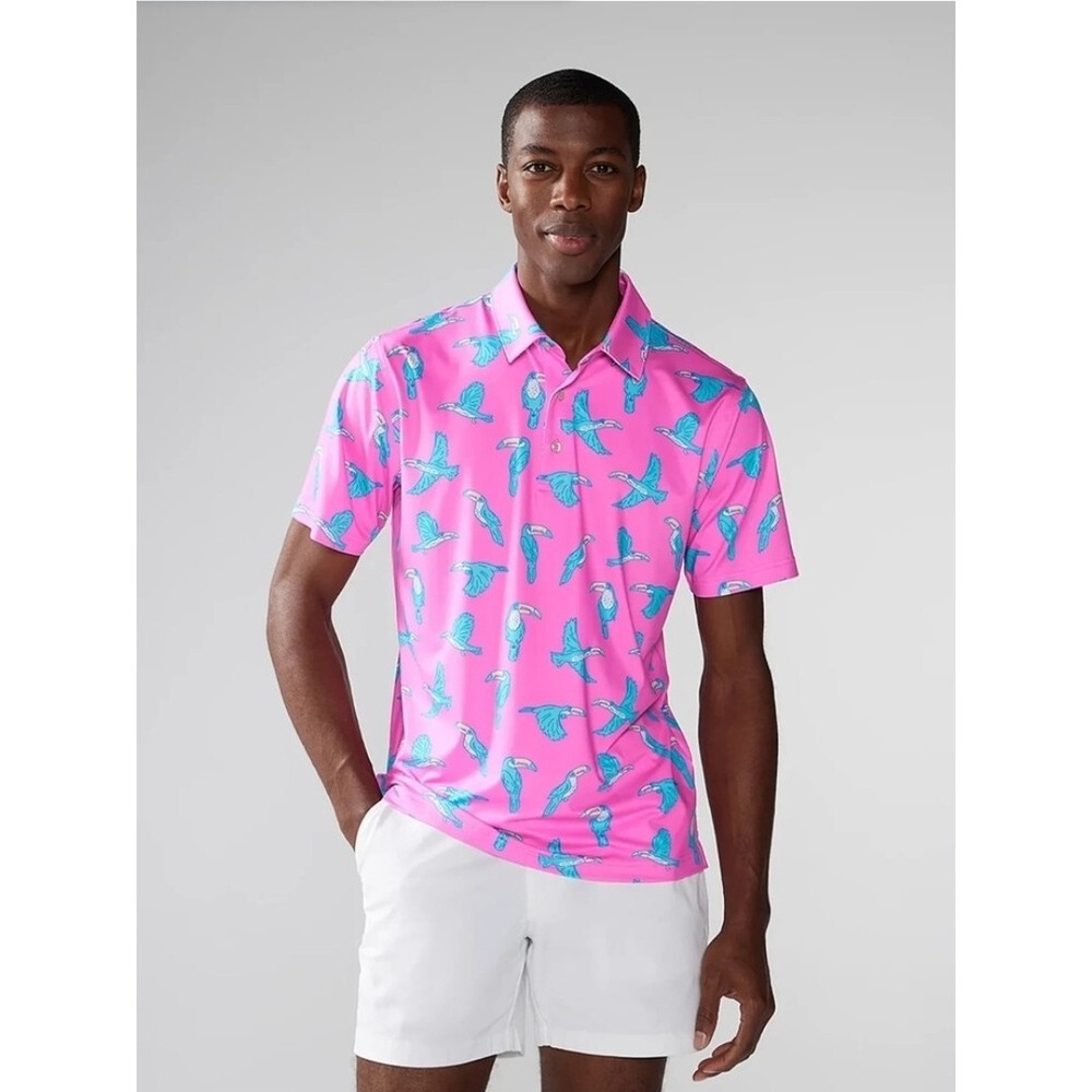 Chubbies polo shirt M Medium pink birds stretch "weekend has arrived" $79 mens